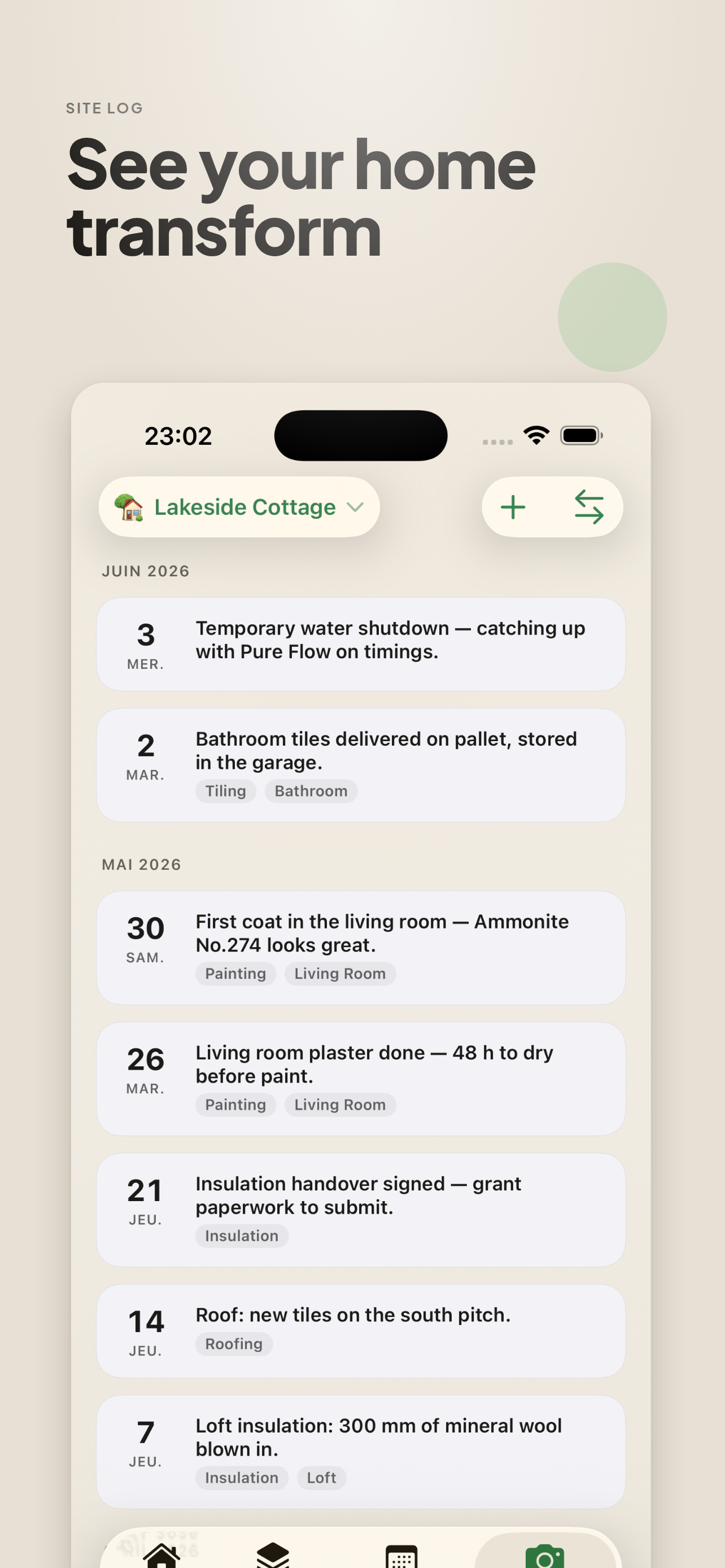 Site log timeline with dated room photos
